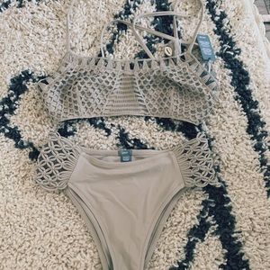 tan boho crochet swimsuit